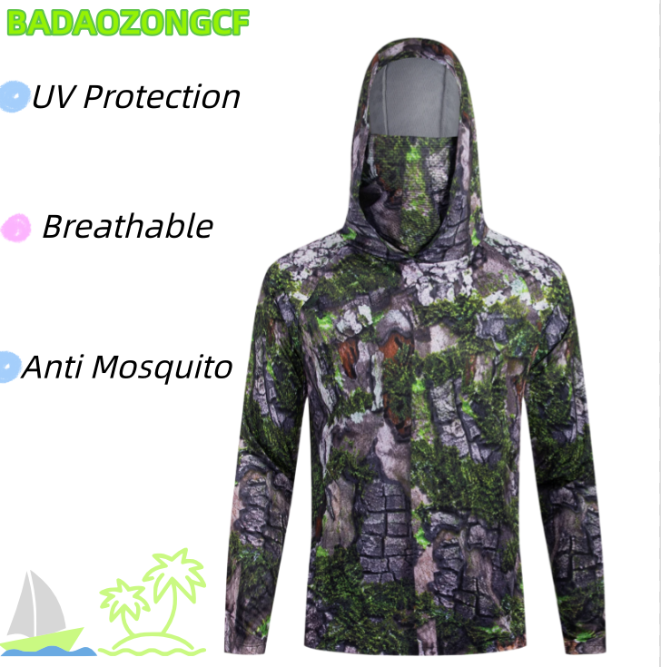 Fishing Shirt Uv Protection - เสื้อตกปลาแบบมีฮู้ดสำหรับผู้ชาย ป้องกันรังสียูวี แขนยาว ระบายอากาศได้ดี ป้องกันยุง น้ำหนักเบา